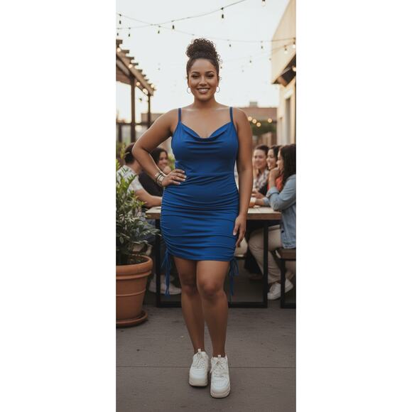 Popilush Corset Drawstring Adjustable Ruched Blue Mini Dress 2XL | Curve Bodycon - Picture 1 of 5
